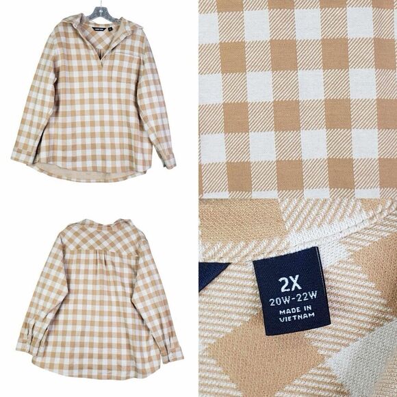Lands End Shirt Womens Plus Size 2X Brown Tan Plaid Popover LS Button Up - Picture 1 of 12